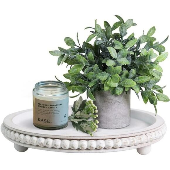 White round wood tray distressed beaded farmhouse decor coffee table accent - Picture 1 of 8